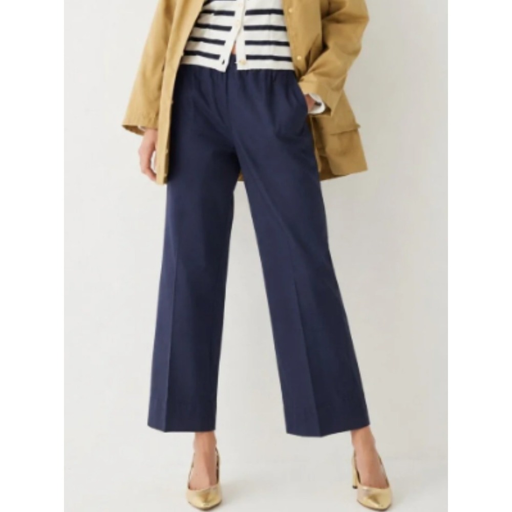 J.Crew Wide Leg Chino Pants Navy Blue Elastic Waist Crop Trouser Preppy Nautical